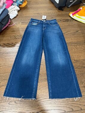 L'AGENCE Dark Blue Wide-Leg Frayed Hem Jeans